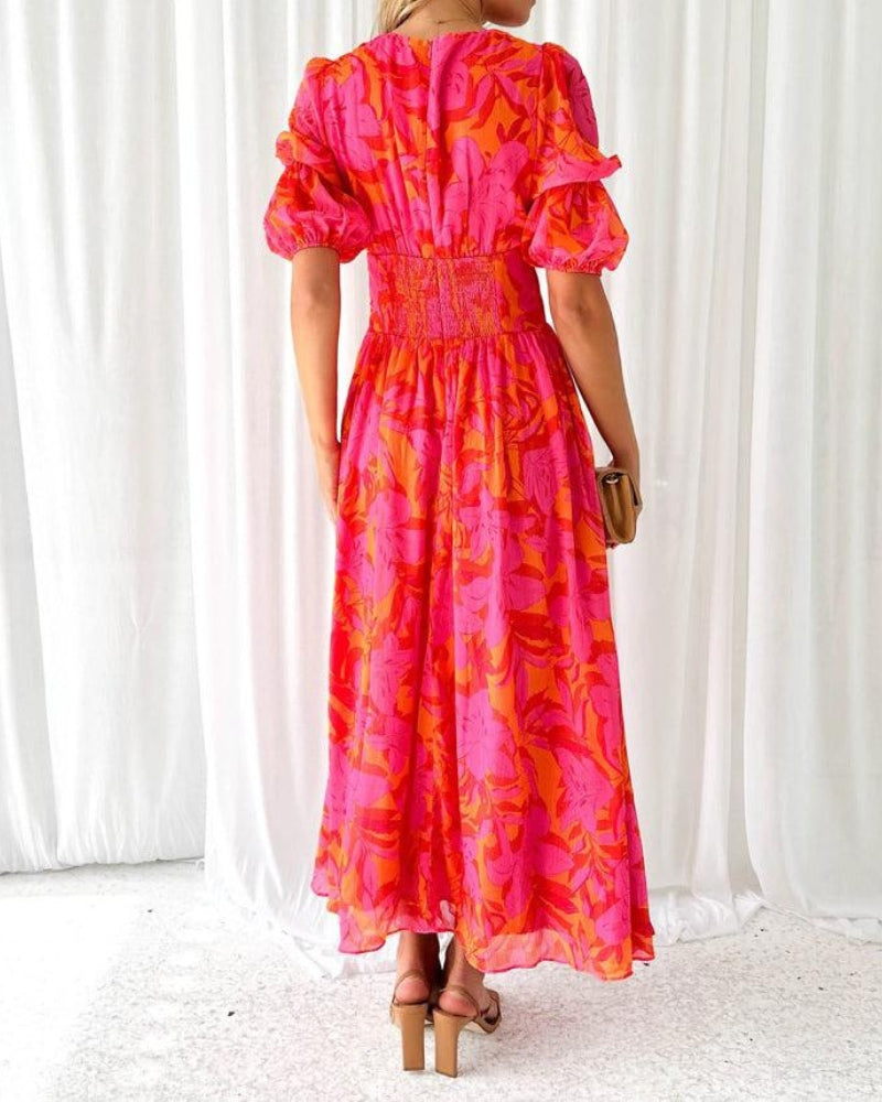 Feminajewels® | Elegant V-neck maxi dress with puff sleeves