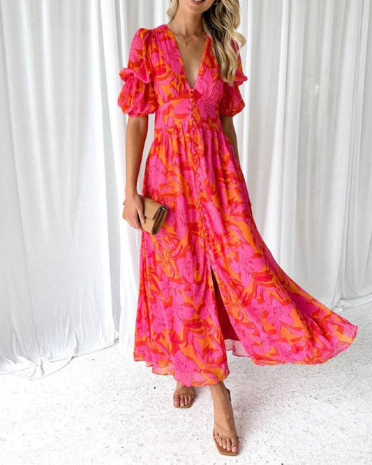 Feminajewels® | Elegant V-neck maxi dress with puff sleeves