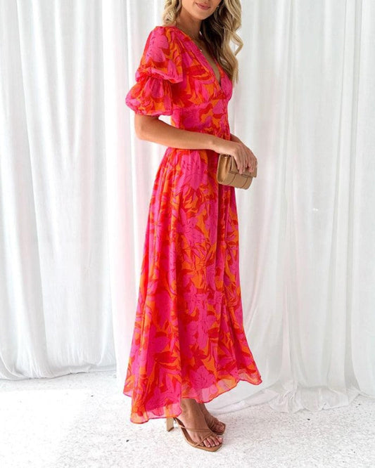 Feminajewels® | Elegant V-neck maxi dress with puff sleeves